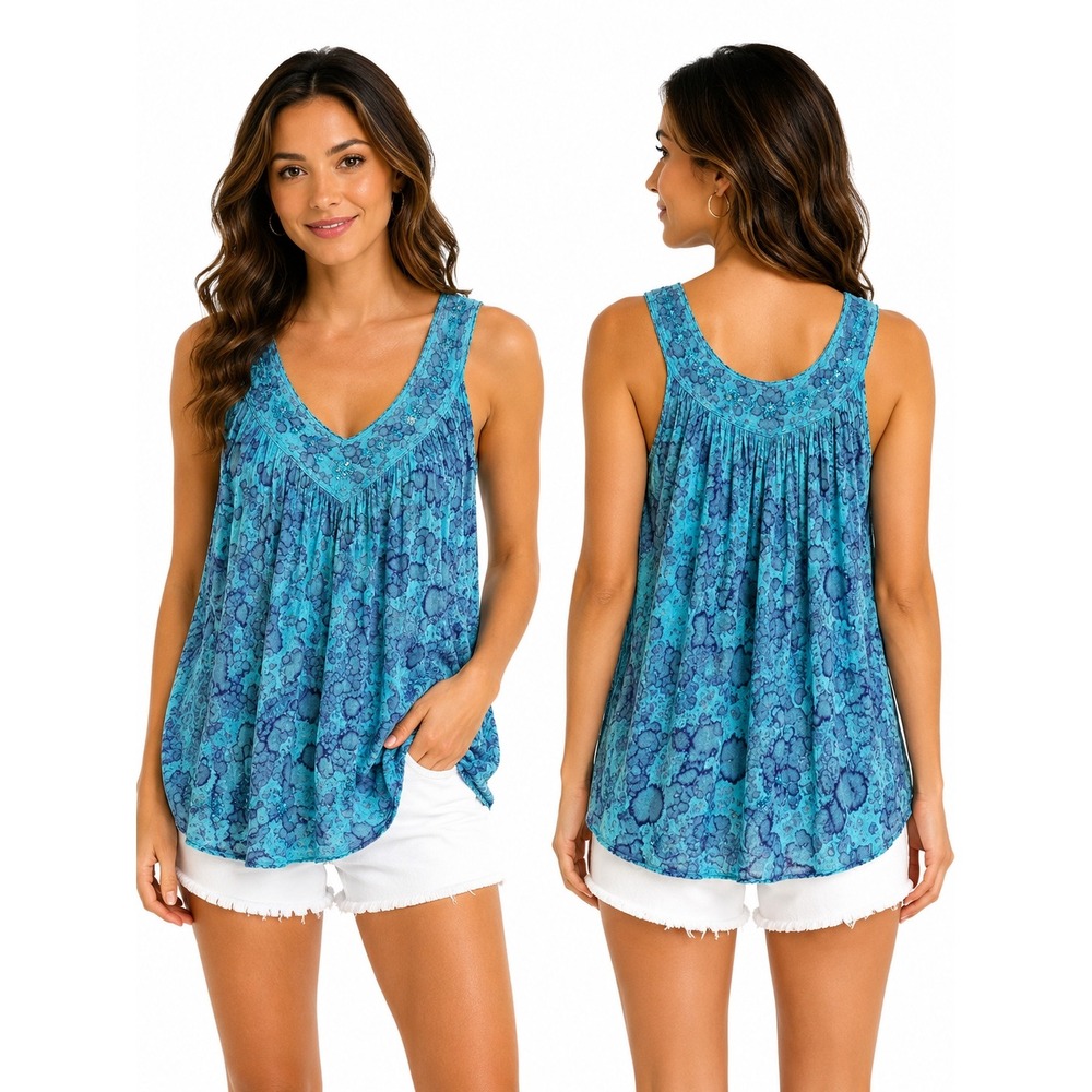 Sakkas Aqua Bohemian Tank Top Floral Embroidery Sequin Crinkle Cotton Blend M